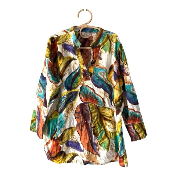 Life Style Split Neck Tunic Top Blouse Multicolor Tropical Leaf Print Size 1X - Picture 1 of 10